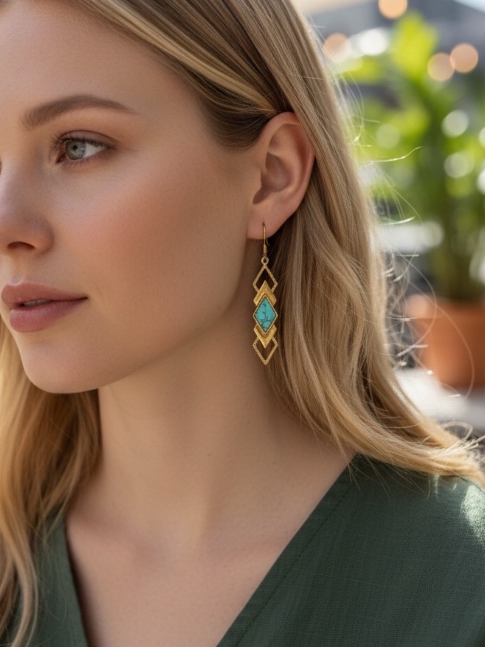 14k Gold Plated Brass and Turquoise Geometric Drop Earrings